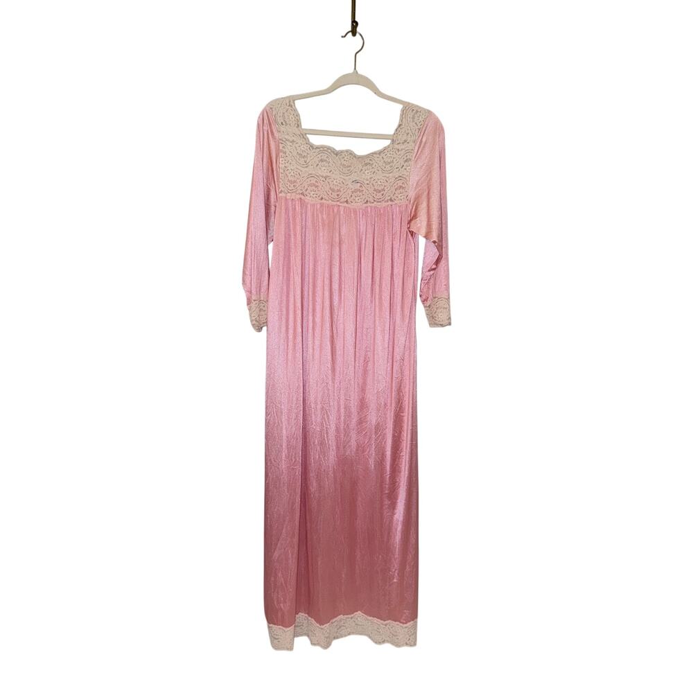 Vintage Alberta pink satin cream lace sleeved nightgown USA Union made nylon L